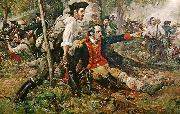 This is an image of an oil painting titled Herkimer at the Battle of Oriskany. Although wounded, General Nicholas Herkimer rallies the Tryon County Mi